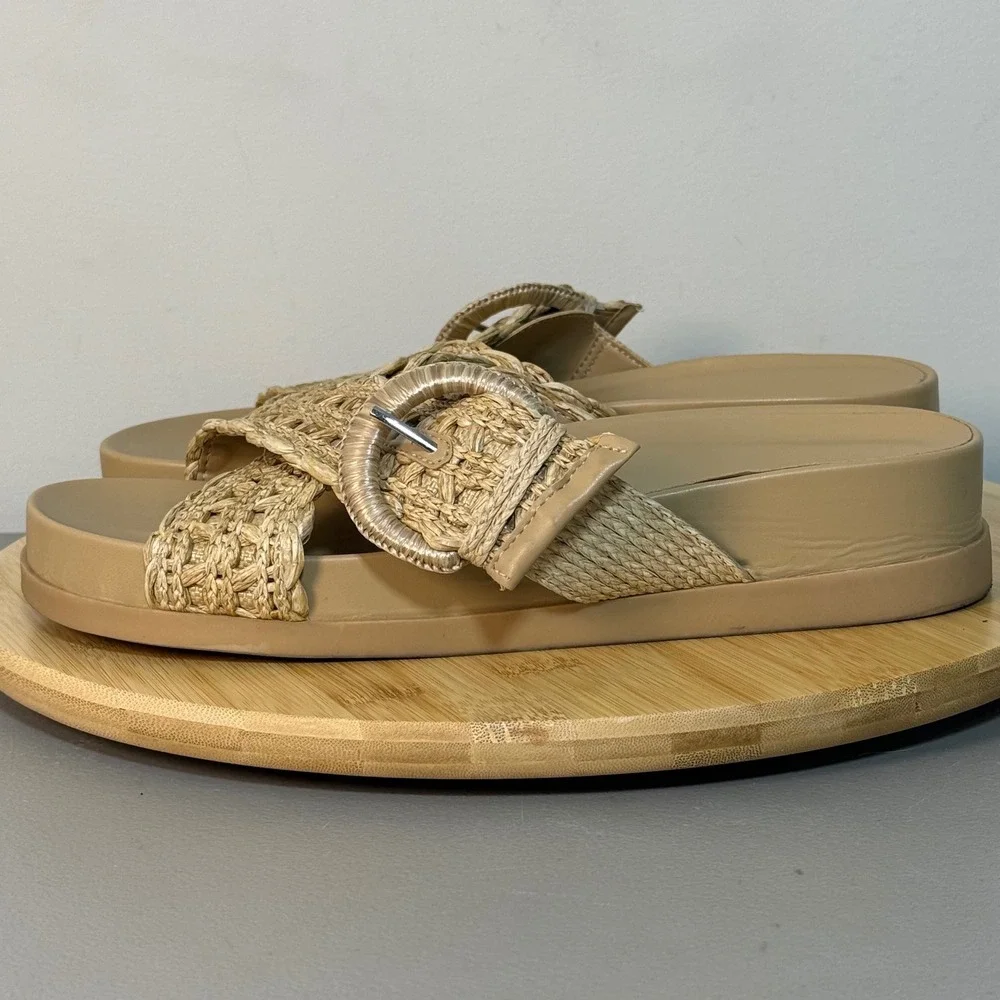 Marc Fisher Welti Woven Buckle Platform Sandal Women's 10M‎ Tan Nude Straw BOHO